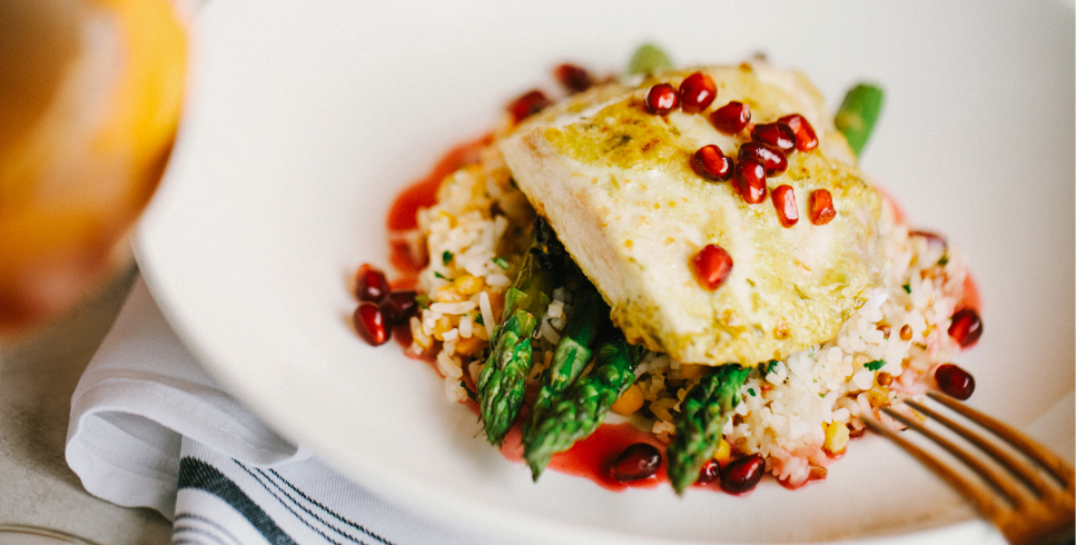 Seafood plate with asparagus and rice